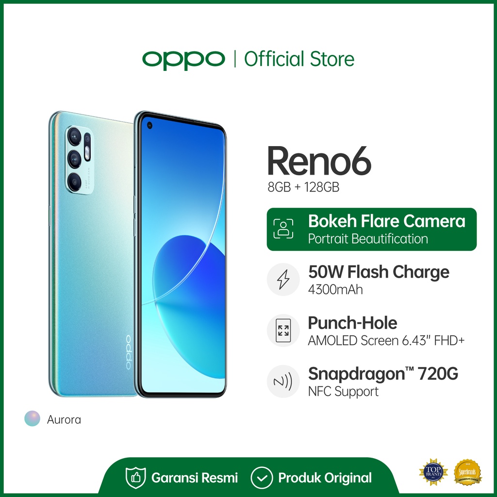 OPPO Reno6 8/128GB [64MP AI Quad Camera, 50W Flash Charge, OPPO Reno Glow]-Aurora
