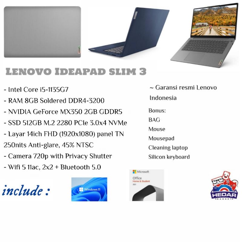 Lenovo IdeaPad Slim 3 i5 1135G7 8GB 512GB Nvidia Mx350 W11 OHS 14 FHD