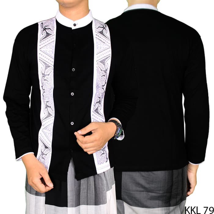 Baju Koko/Baju muslim Remaja lengan pendek Al kautsar Baju Koko Hitam Motif Samping Katun Hita 28FDZ
