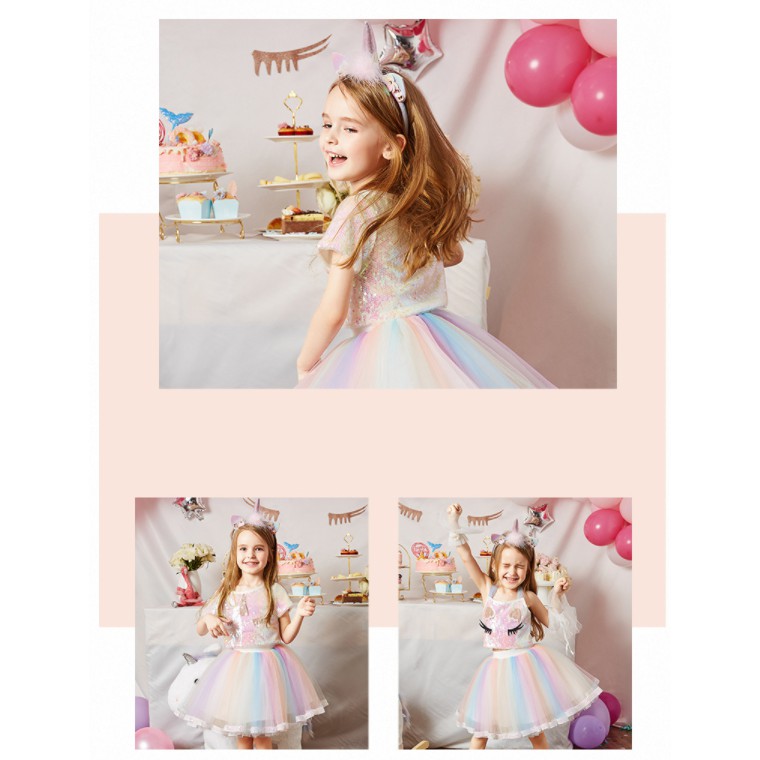 Dress Unicorn Tutu / Dress Sequin Rainbow Gaun Anak Perempuan Pesta Elegan Formal