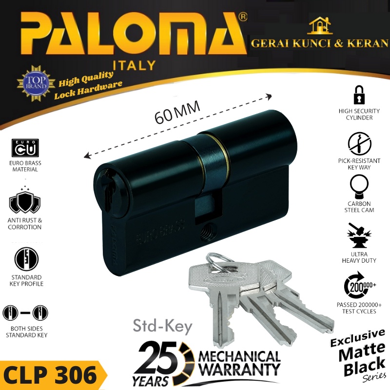 KUNCI Double Cylinder PALOMA CLP 306 DELUXE 60MM HITAM MATT BLACK