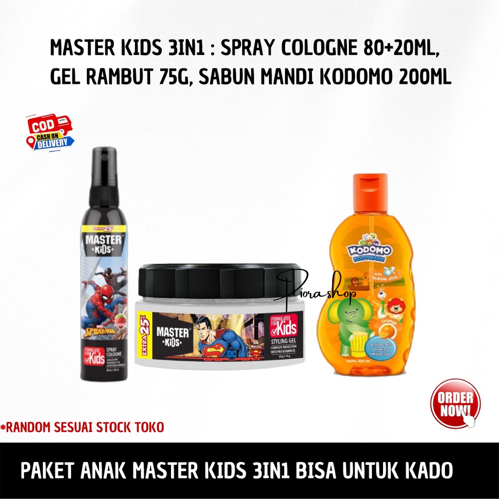 PIORA-PAKET ANAK 3 PRODUK  MASTER KIDS 3IN1 : SPRAY COLOGNE 80+20ML,  GEL RAMBUT 75G, SABUN MANDI KO