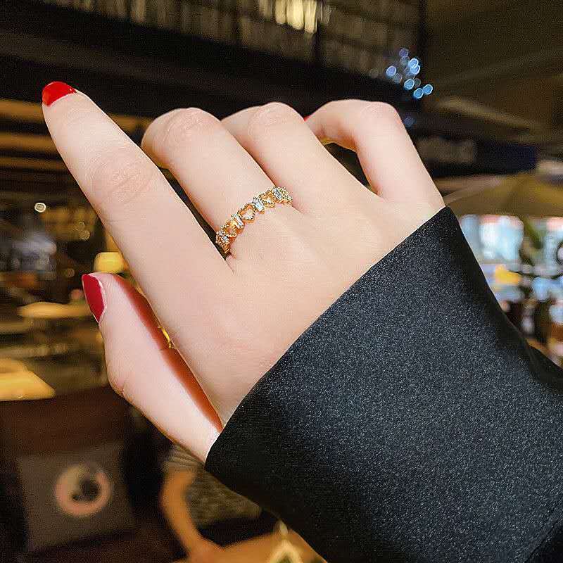 Cincin Jari Telunjuk Model Terbuka Lapis Emas Bentuk Hati Aksen Berlian Gaya Korea Untuk Wanita