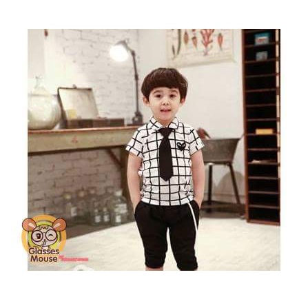 Baju Hitam Putih Anak Cowok Impor Kotak Kotak + Dasi