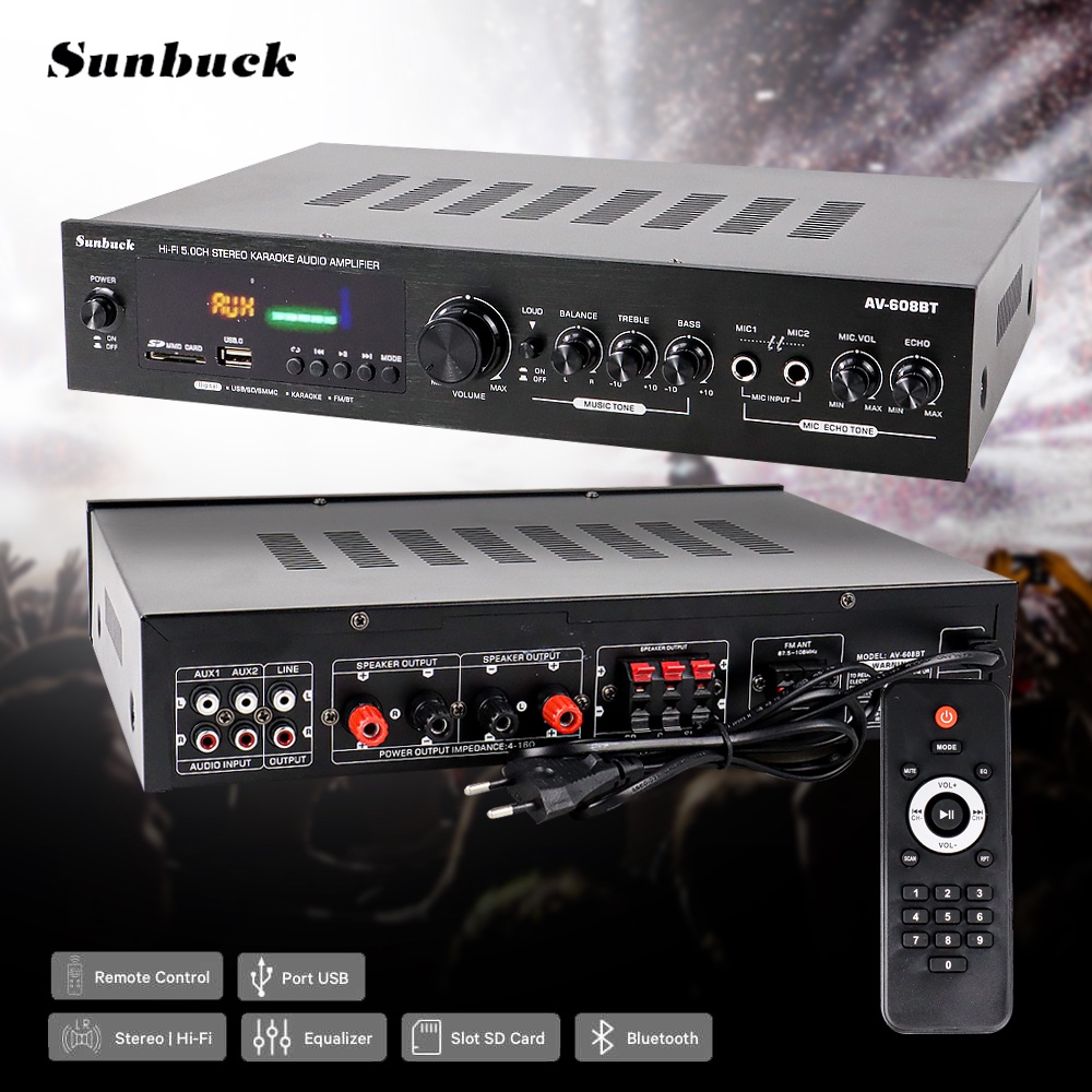 Amplifier Sunbuck Audio Bluetooth Amplifier Karaoke 5CH 600W - AV 608BT - Black