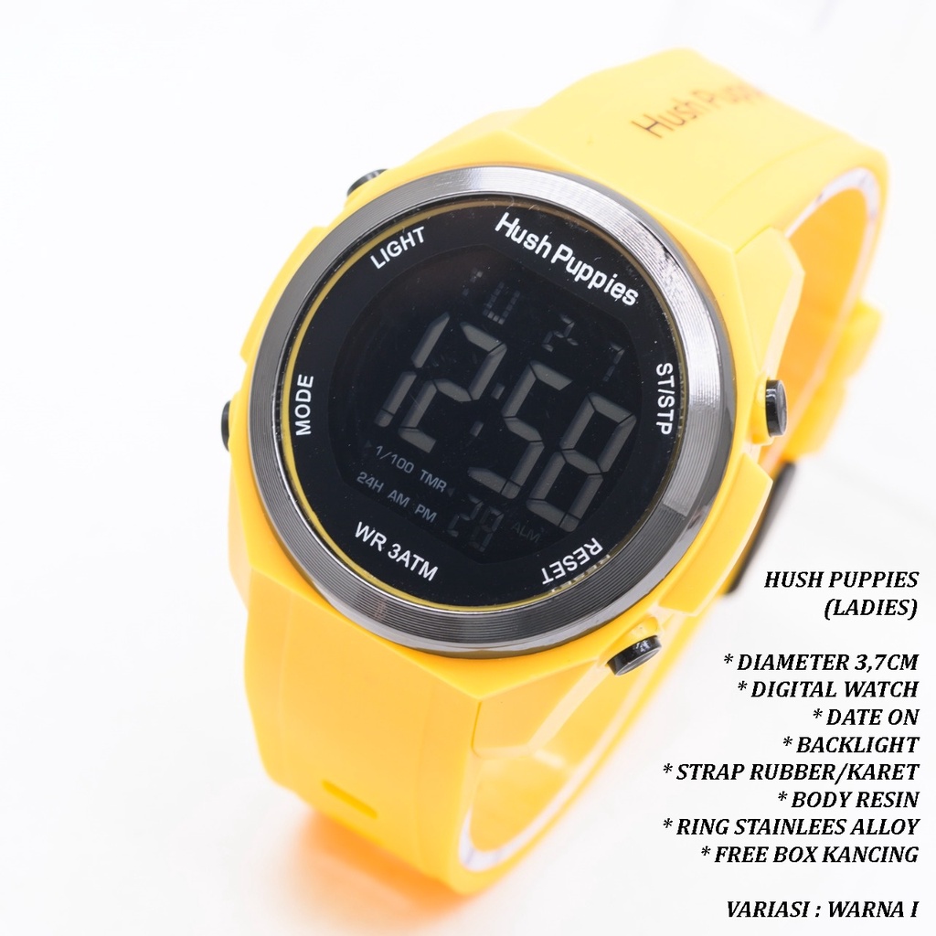 (FREE BOX) JAM TANGAN WANITA/CEWEK HUSH PUPPIES TALI RUBBER BODY RESIN BACKLIGHT TANGGAL AKTIF