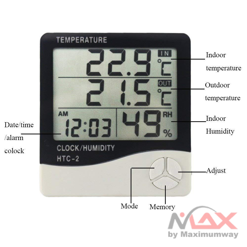 Jam Meja Kerja Digital dengan indikator Suhu dan Kelembaban udara Digital Temperature Humidity Meter LCD Time Display Desktop Table Clocks Thermometer Hygrometer Sensor Digital Dual Probe Humidity Temperature Meter Weather Clock Digital LCD Electronic