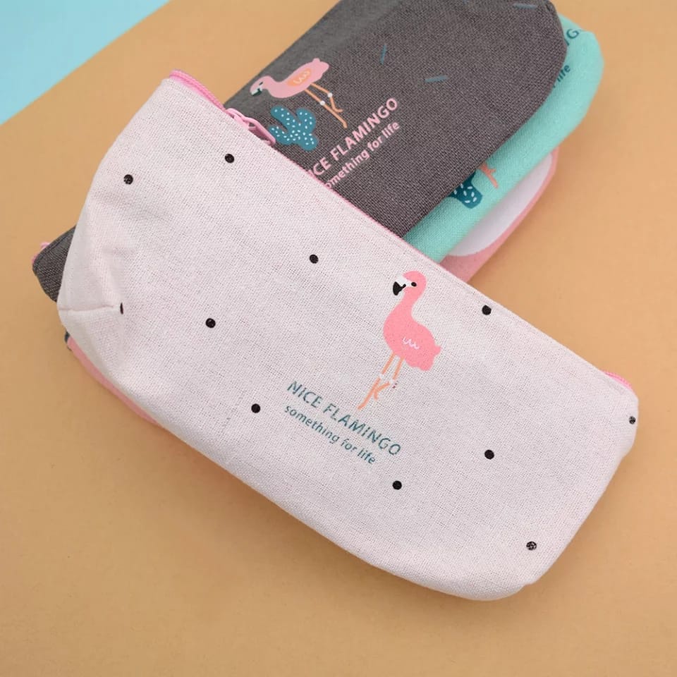 Tempat Pensil Sekolah Kanvas Stylish Simple Import Kotak Pensil Motif Aesthetic Resleting Bisa Untuk Alat Tulis Makeup-Cream Flamingo