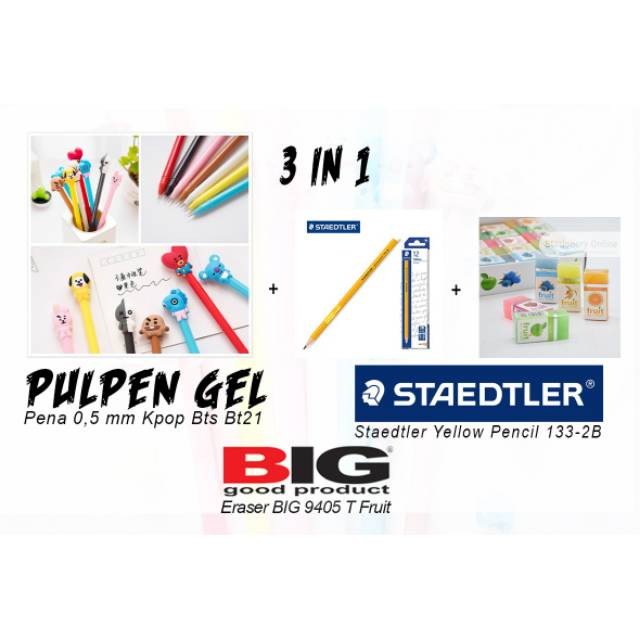 

PAKET 3 IN 1!! PENA PULPEN GEL HITAM KPOP BTS BT21 0.5MM