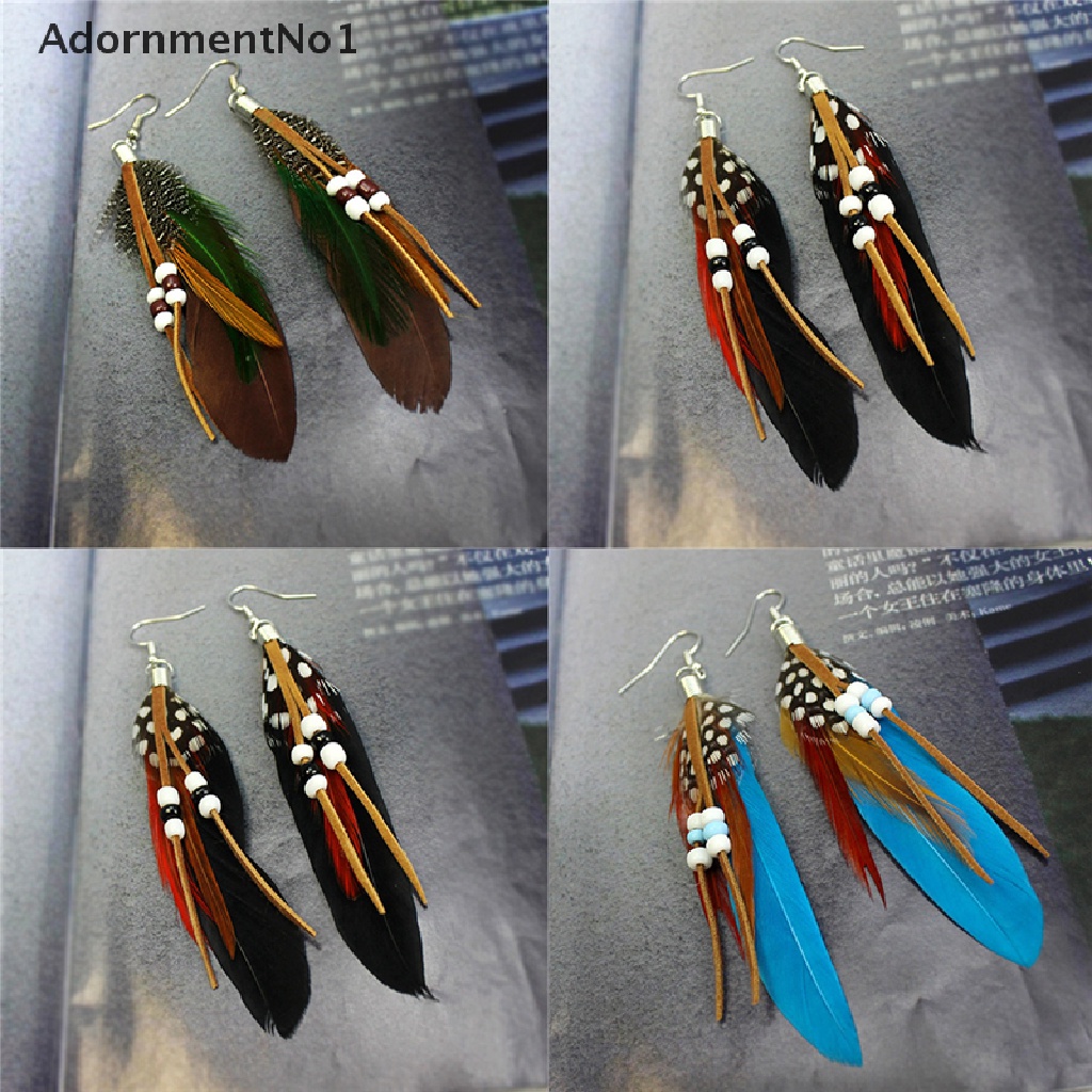 (AdornmentNo1) Anting Gantung Panjang Kait Gaya India Motif Bulu + Manik-Manik Untuk Perhiasan Wanita