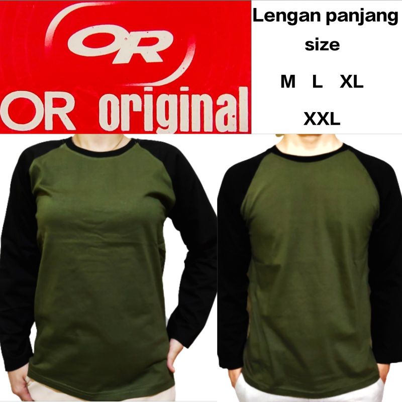 Kaos raglan polos pria wanita couple Hijau army lengan hitam panjang
