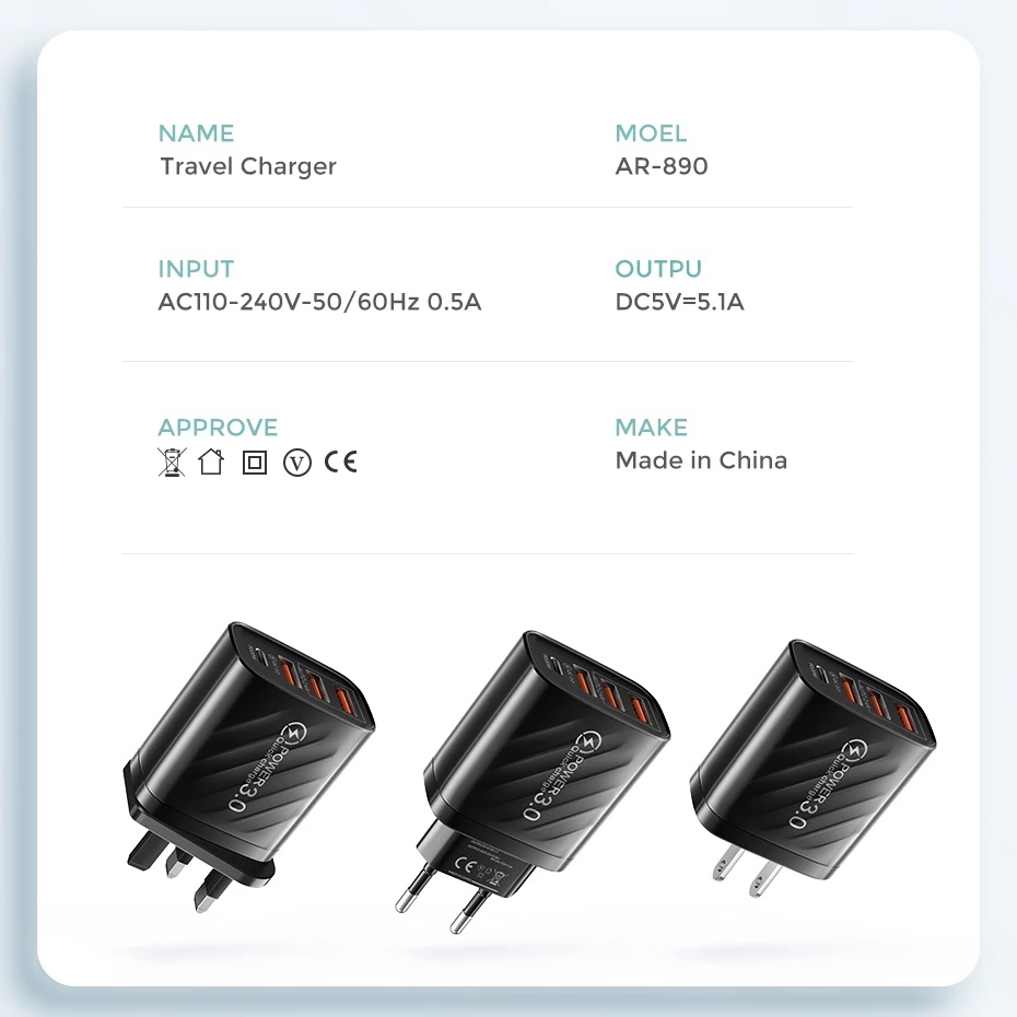 Adapter Charger Dinding 4 Port USB Fast Charging 10W Portable Plug US / EU Untuk Handphone Android