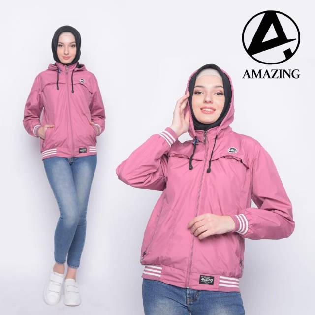 JAKET WANITA MOTIF SALUR SEMI WATERPROOF LENGKAP PAKAI HOODIE