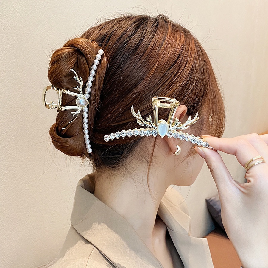 Jepit Rambut Ponytail Bahan Alloy Aksen Mutiara Dan Berlian Imitasi Gaya Korea Untuk Wanita