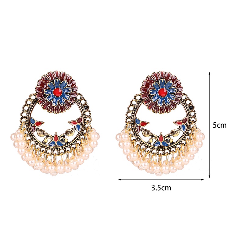 Anting Tusuk Gantung Wanita Desain Bunga Aster Enamel + Mutiara Gaya Indian / Bohemian Handmade Untuk Pesta