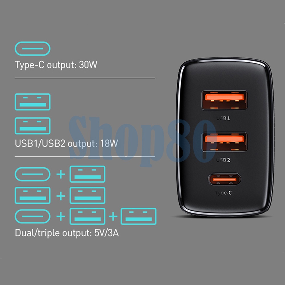 Baseus Adaptor PD 30W USB + Type C Kepala Charger Adapter QC 3.0 Fast Charging PPS Dual Triple Port