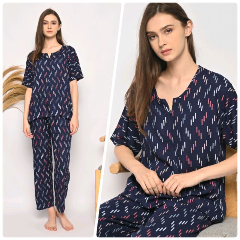 ONE SET PIYAMA RAYON-CPJ SLTG GARIS NAVY