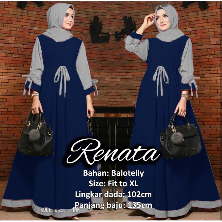 Renata dress muslim/Fashion Muslim/Dress Muslim Tanpa Hijab/Busui/Bisa Cod-navy combi abu