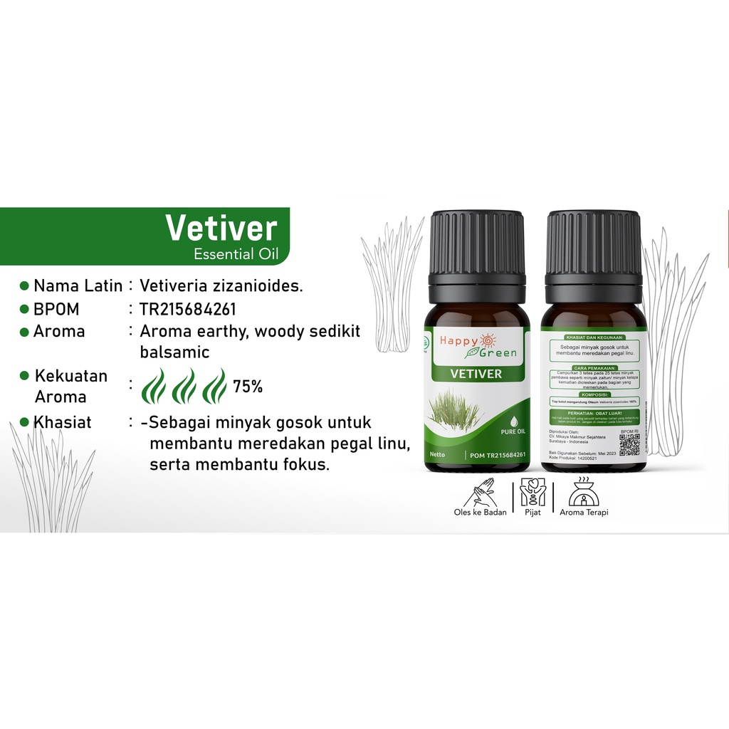 BPOM Happy Green Vetiver Essential Oil - Minyak Atsiri Akar Wangi Garut 100% Murni Garansi Uang Kembali