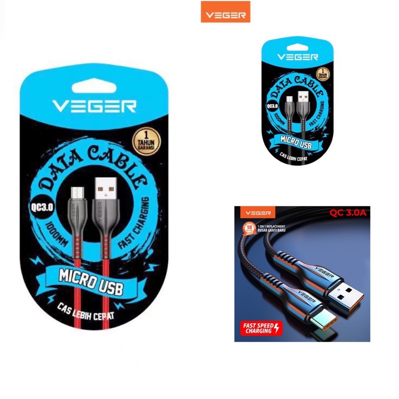 Kabel data VEGER MICRO USB QC3.0 VG18 biru super speed fast charging