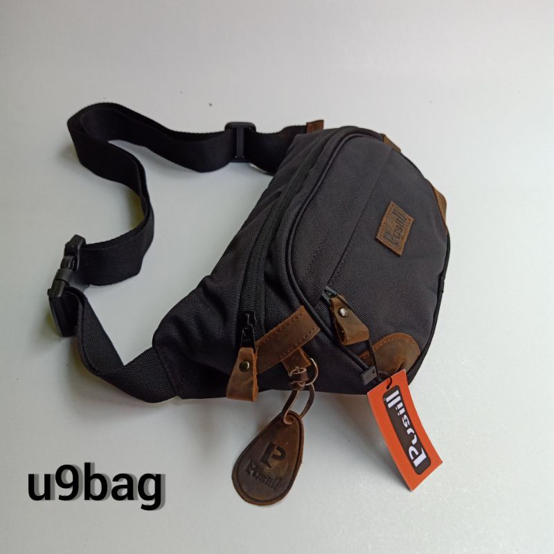 Waistbag Pusiill 1570 Hitam/Bhan courdura fabric'/kombinasi kulit sapi/taspinggang/tasselampang Pusiill/