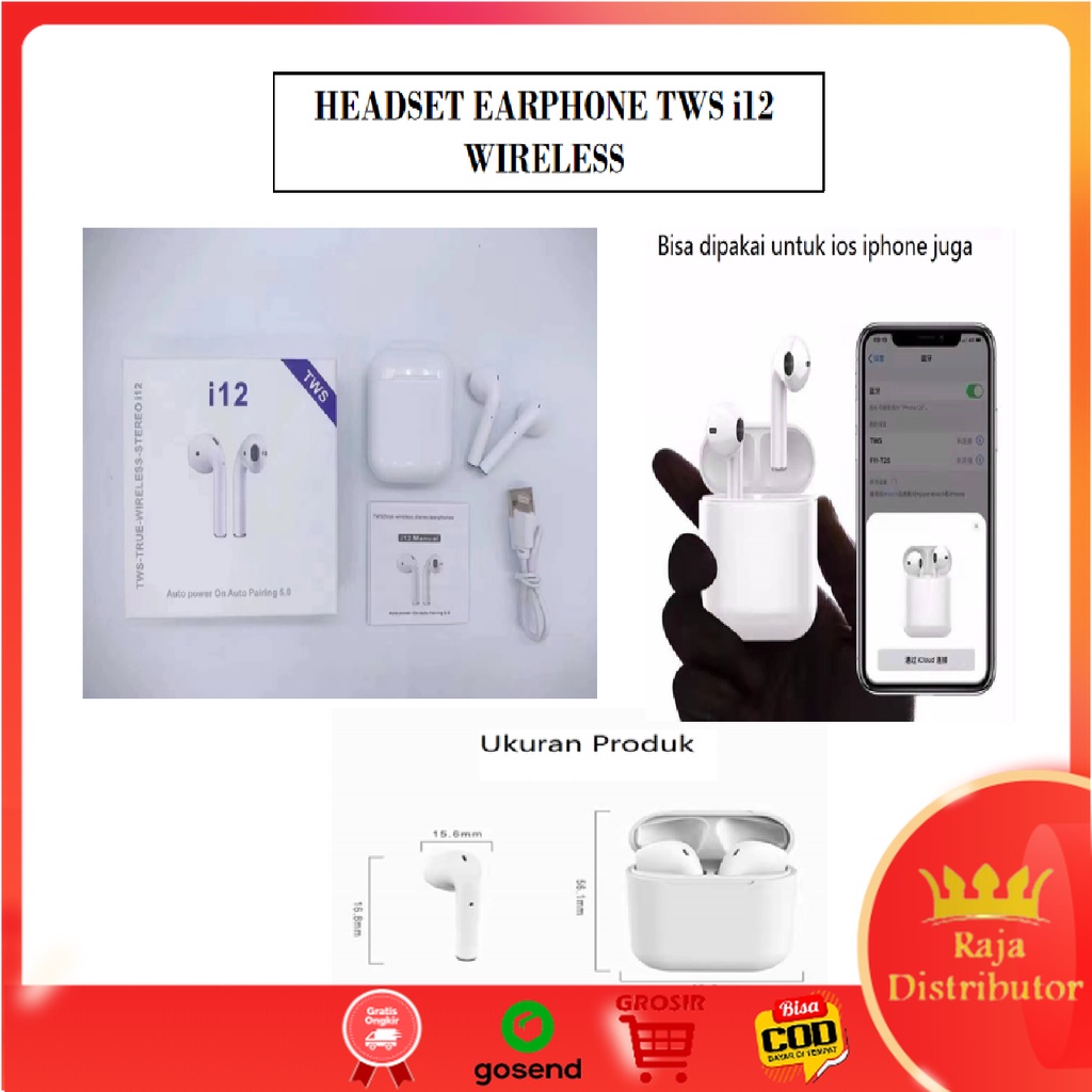 Headset Bluetooth TWS i12 Wireless Earphone Dual Ear Headset Wireless dengan Kotak Charger - COD