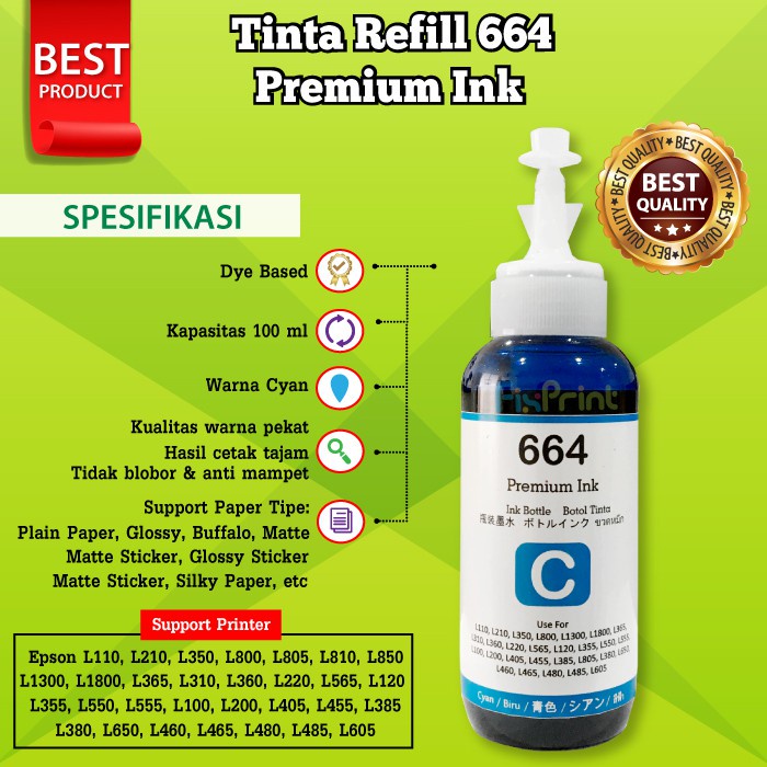 Tinta Refill Isi Ulang Botol EPSN 664 Tinta Printer T664 L100 L110 L120 L200 L210 L121 L360 L365 L385 L455 L550 L555 L565 L1300 Premium Ink