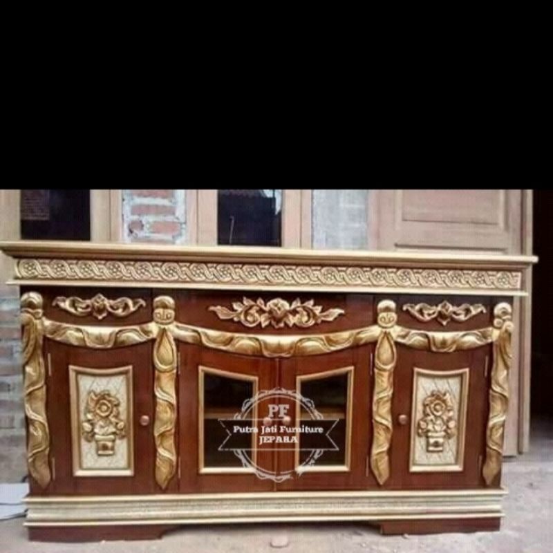 Bufet meja Tv warna natural emas bahan kayu jati mebel Jepara