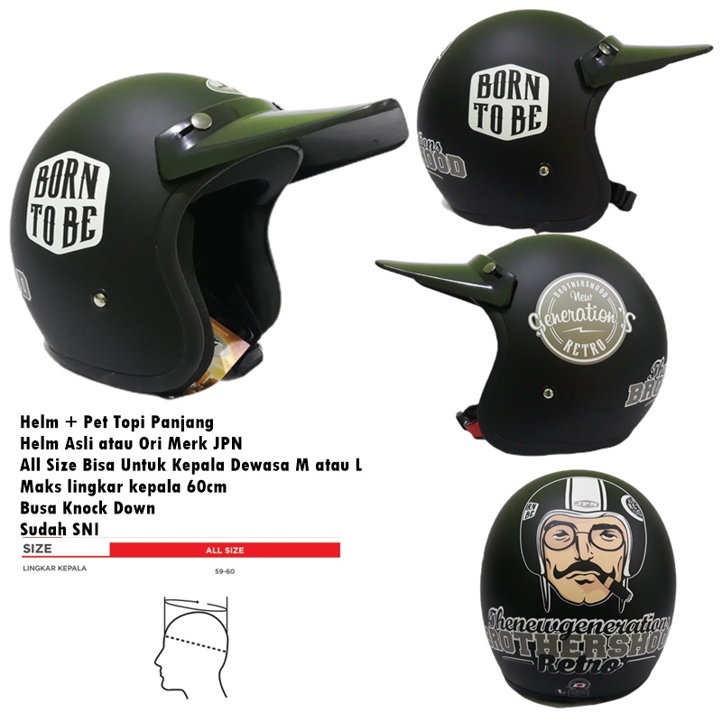 RudyHelm91 Helm Bogo Dewasa Retro Klasik JPN New Generation Brotherhood Hitam Doff Silver Semi Cross