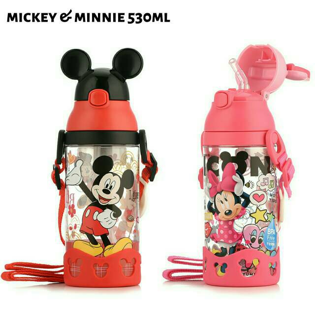 Mickey &amp; Minnie Mouse Straw Water Bottle 530ml / Botol Minum Sedotan Minnie Mickey