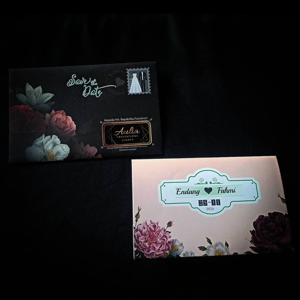 UNDANGAN PERNIKAHAN AMPLOP RUSTIC FLORAL HITAM TERBARU SIMPEL ELEGAN MEWAH