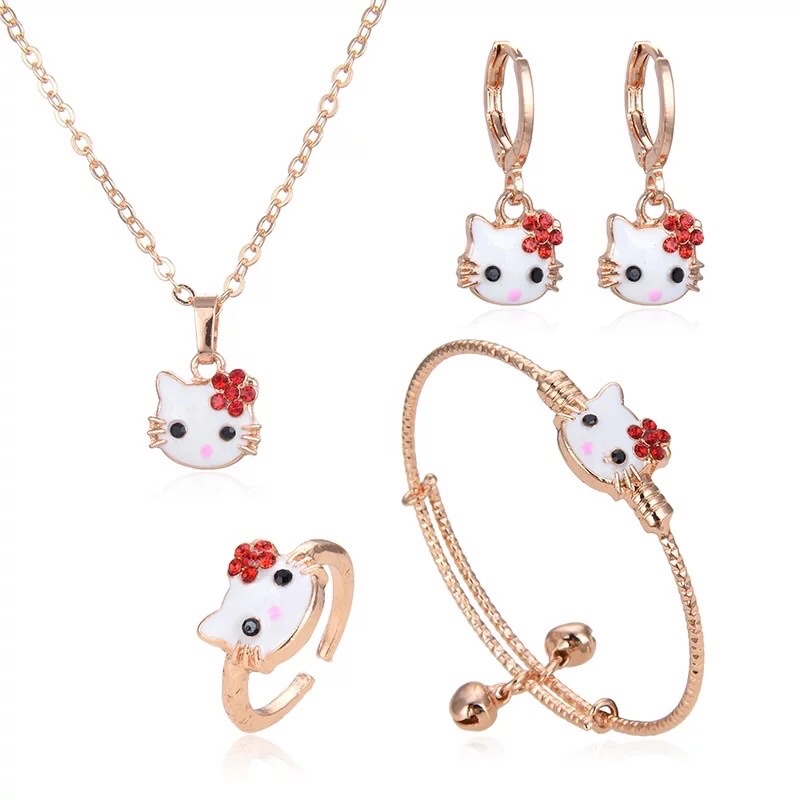 Perhisan Satu Set Hello Kitty Titanium Mirip emas Asli 24k kombinasi perak dan permata sangat Megah coco untuk hadiah ulag tahun anak perempuan