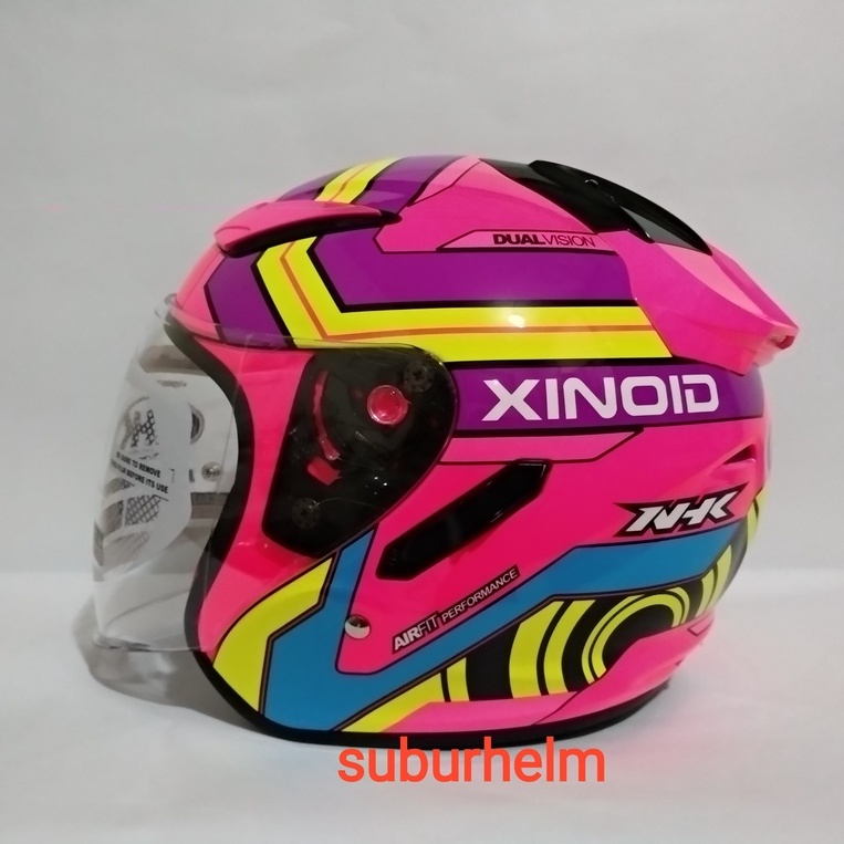 HELM  NHK  R1   XINOID    PINK  FLUO   PURPLE  YELLOW  HALF FACE  DOUBLE VISOR  ORI DEWASA