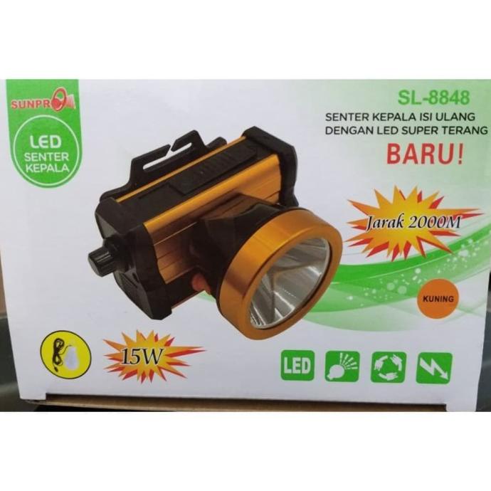 Senter Kepala Headlamp Sunpro SL-8848 A Putih 15 Watt Charger