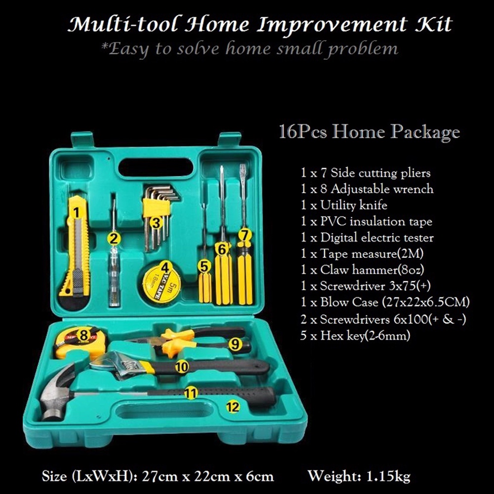 KALNO kunci set 16 pcs HJ-C016 - toolkit set murah peralatan rumah, obeng, tang, kunci inggris, meteran, palu, kunci L, cutter