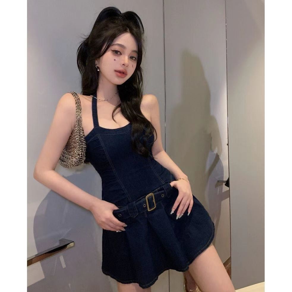 Gaun suspender denim pinggang biru wanita 2022 musim panas baru a-line halter neck tanpa lengan rok