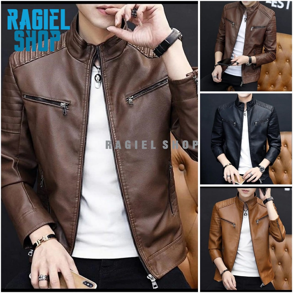 Jaket Bluster Pria Bahan Semi Kulit SIntetis Viena Leather Jacket Premium Elegant Trendy Kekinian An