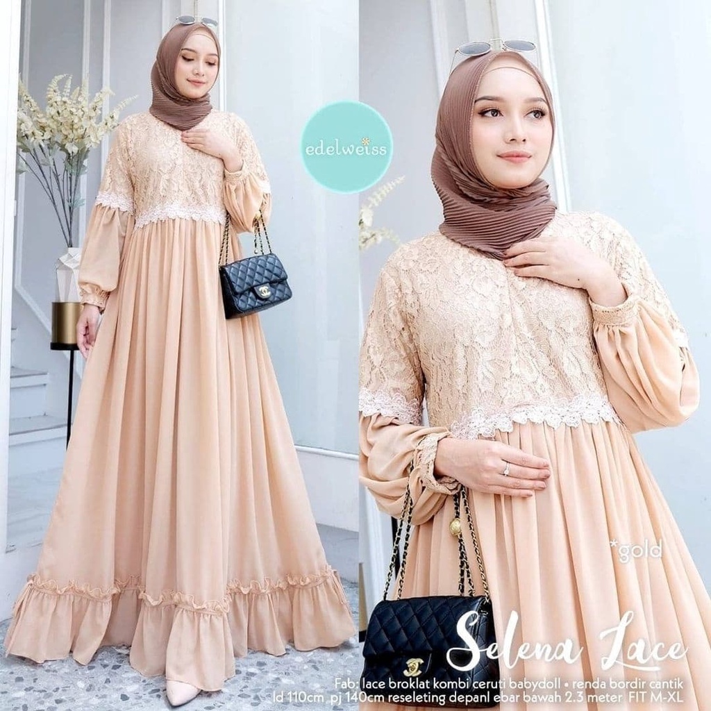 Gamis Brukat Dress Ceruty Babydoll Selena Lace Maxy Baju Busui Friendly Gamis Kondangan Jumbo Busana Muslim Wanita Terbaru