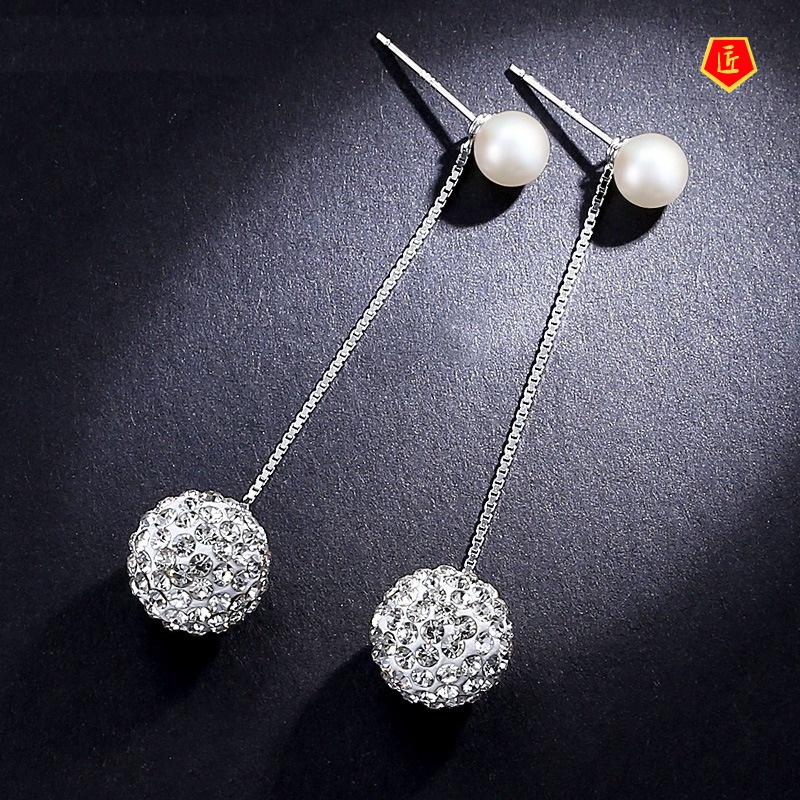 [Ready Stock]Pearl Tassel Long Inlaid Crystal Diamond Ball Earrings