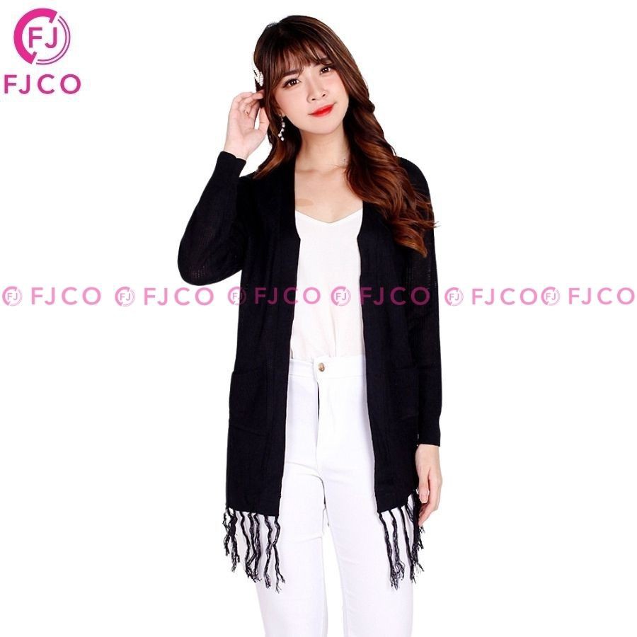FJCO - Cardigan Oversize Korea Cardigan Wanita Jumbo Cardigan Rajut Rumbai Seoul-Hitam