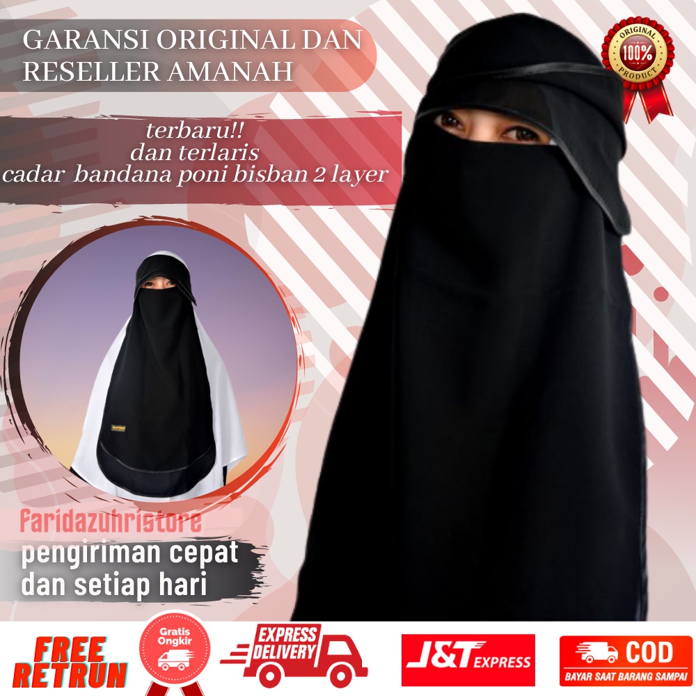 Cadar Niqab Saudi Bandana Poni Eat Long Renda Mutiara 2 Layer Sifon Silky Silk Jetblack Arab Premium