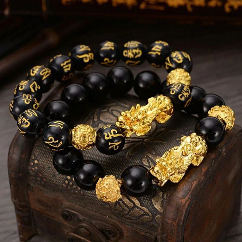 Gelang Natural Obsidian Black Resin Fengshui Charm Pixiu Naga Emas