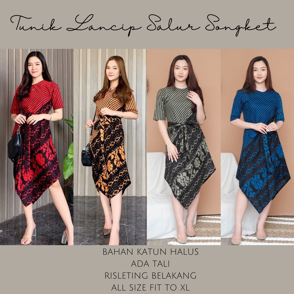 Dress Lancip Salur Tenun Batik Troso Songket Asimetris Batik Midi Etnik Kerja Kondangan Pesta