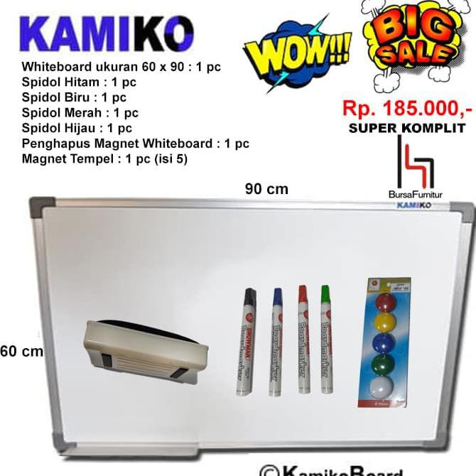 

Whiteboard Kamiko 60 x 90 Spidol H,B,HJ, M, Hapus magnet, Magnet AP103