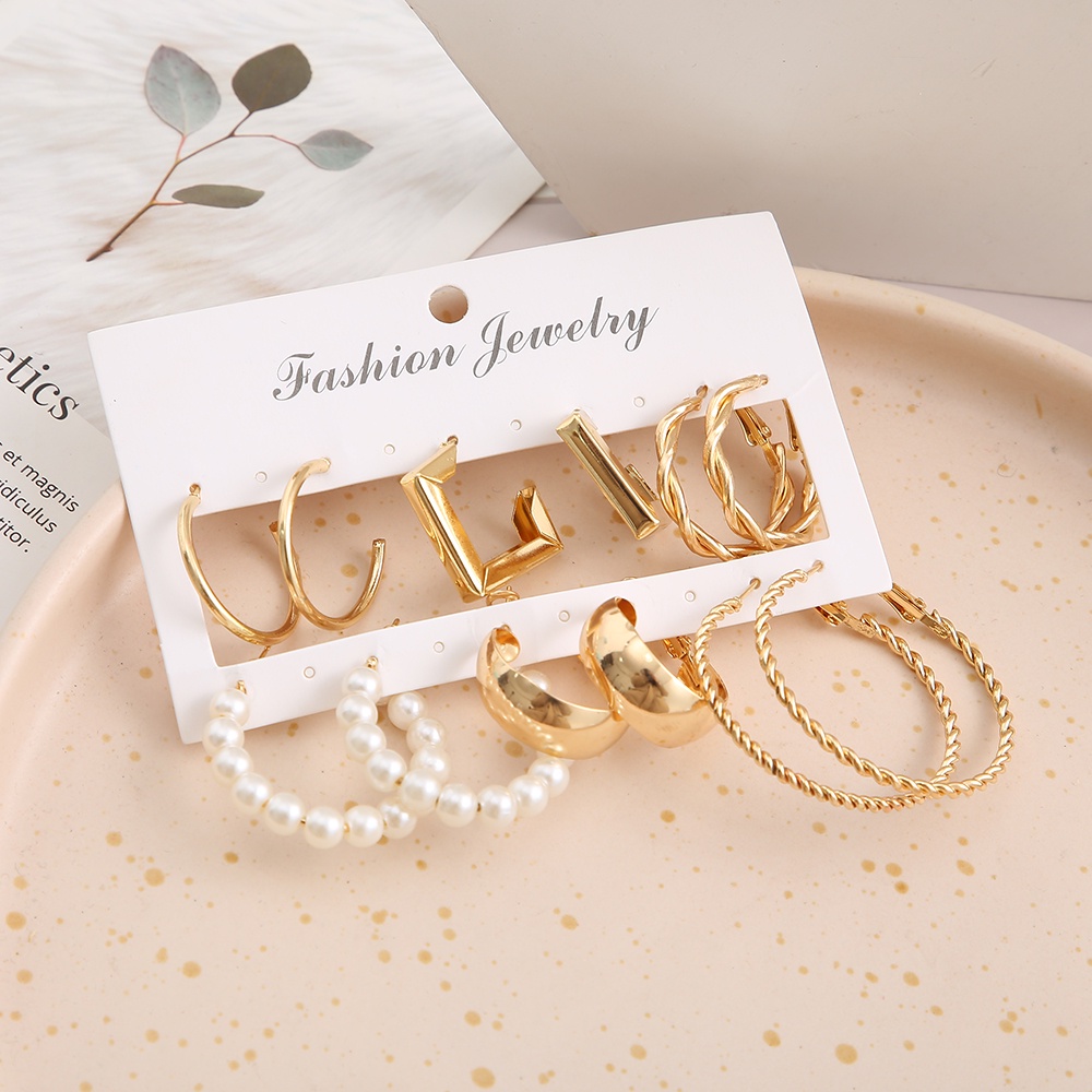 6 Pasang / Set Anting Hoop Bentuk Persegi Aksen Mutiara Warna Emas Untuk Wanita