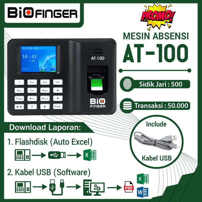 Mesin Absensi BioFinger AT-100, 500 Jari, USB Flash, EXCEL, Murah, Grs