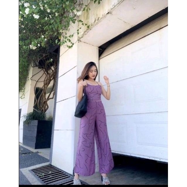 ONE SET KULOT PATTERN // SETELAN TANKTOP FLOWERY-Plum cacing