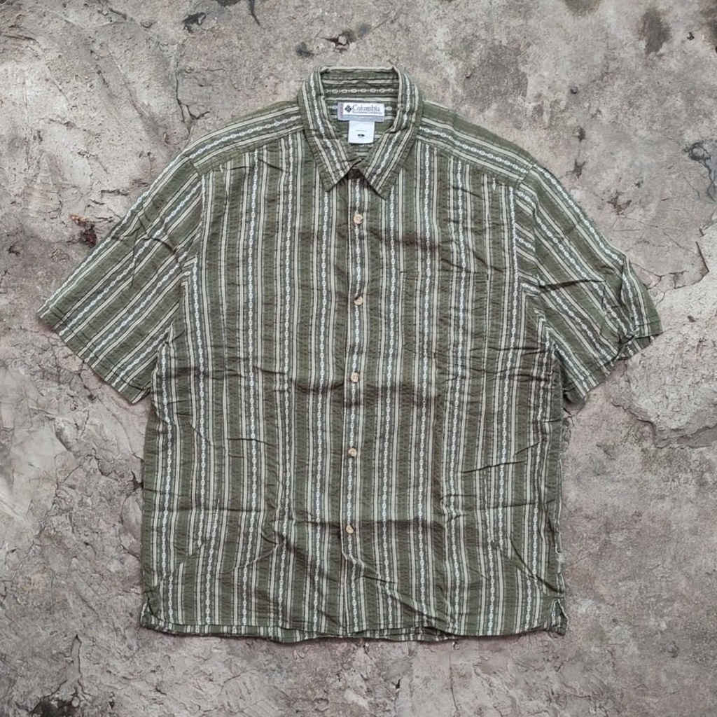 KEMEJA COLUMBIA VERTEX VINTAGE LENGAN PENDEK OUTDOOR LAPANGAN UNISEX SHIRT TACTICAL HIJAU MOTIF ATAS