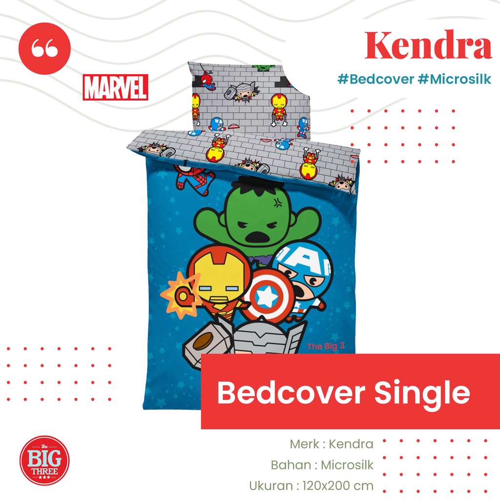 KENDRA Bedcover + Sprei 120X200 Marvel Hulk Marvel Comic Serenity Spiderman Town Racing Car Tilda Pooh Number Hunggable Patchwork Iris Paris Night - Single 120 BC