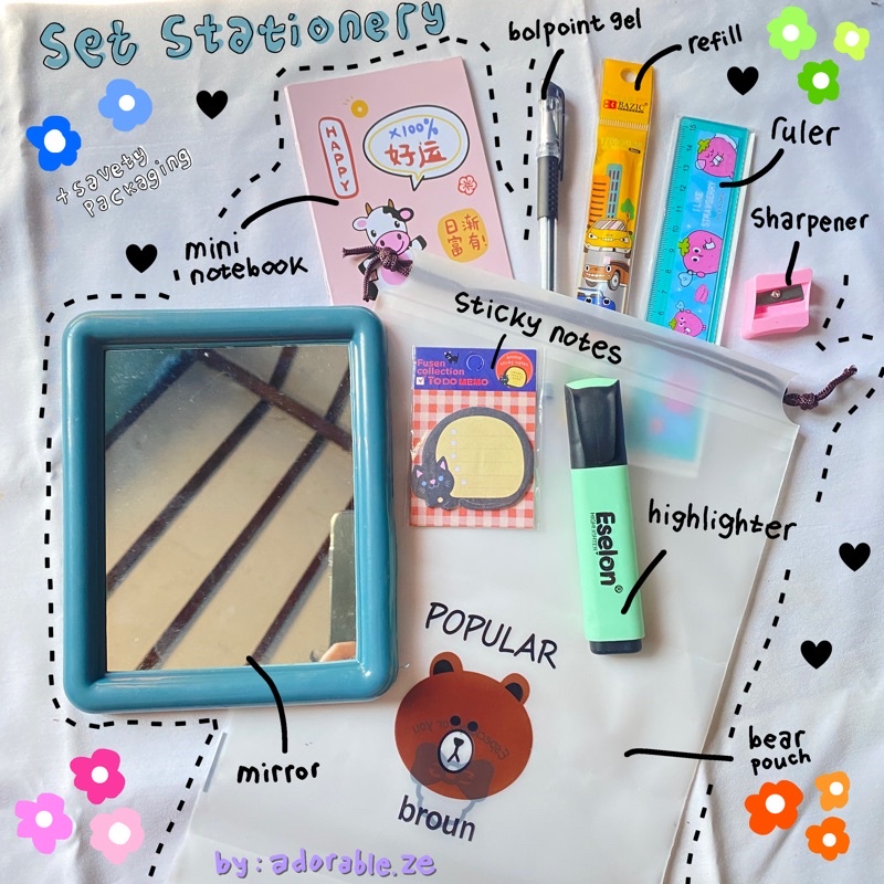 

[ + pouch ] Bisa COD Set Stationery Pahe Standing Mirror Cermin Paket Hemat alat Tulis Sekolah Daisy ATK ready aesthetic kit bolpen highlighter oneset stationary lucu anak notes Bear Peach penggaris cewek hampers kado teman keluarga